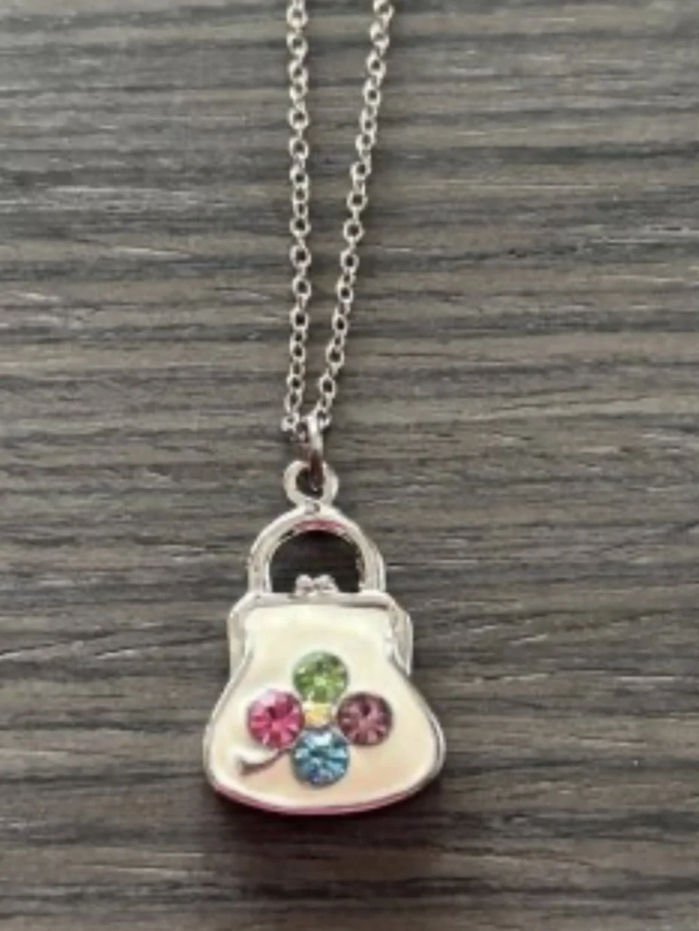 Vintage White Enamel Sterling Silver Rhodium Plated Crystal Purse Necklace